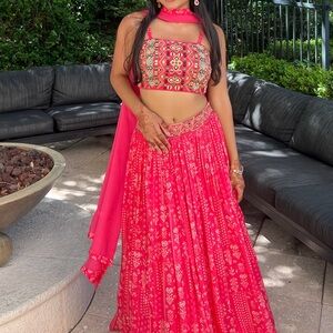 Bright Pink Embroidered Crop Top and Flowing Skirt Set / Indian Dress.